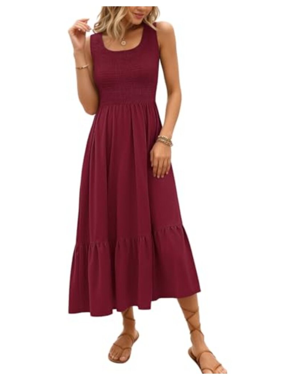 Women Sleeveless Boho Maxi Dress Floral Smocked Empire Waist Tiered Lightweight